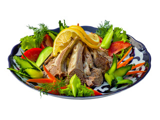 Lamb ribs with fried potatoes. Traditional Uzbek cuisine, Middle East, Asia. 