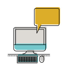 desktop computer with bubble dialogue in watercolor silhouette vector illustration