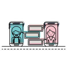 man and woman social network chat in smartphone in watercolor silhouette vector illustration