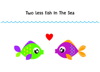 two less fish in the sea wedding invitation card vector. cute graphic cartoon ocean fish wedding greeting card illustration. valentine card with two fish in the sea.