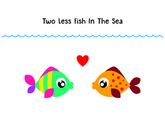 two less fish in the sea wedding invitation card vector. cute graphic cartoon ocean fish wedding greeting card illustration. valentine card with two fish in the sea.