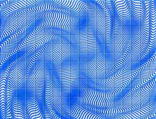 Abstract grid pattern in blue and white with halftone waves and swirls