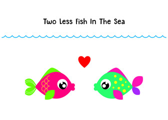 two less fish in the sea wedding invitation card vector. cute graphic cartoon ocean fish wedding greeting card illustration. valentine card with two fish in the sea.
