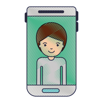 smartphone man profile picture with short hair in colored crayon silhouette vector illustration