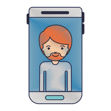 smartphone man profile picture with short hair and van dyke beard in colored crayon silhouette vector illustration