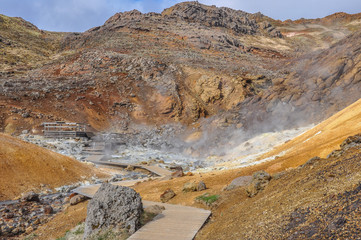 Icelandic Geothermal Area with Steam and Boardwalk