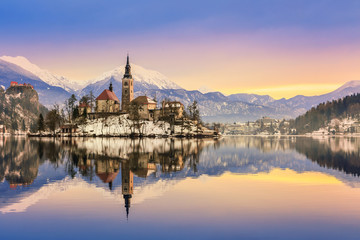 Winter landscape Bled Lake, Slovenia