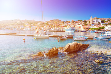 Fototapeta premium Boats in port of town Emporio (Nimborio) - capital of island of Halki (GREECE)