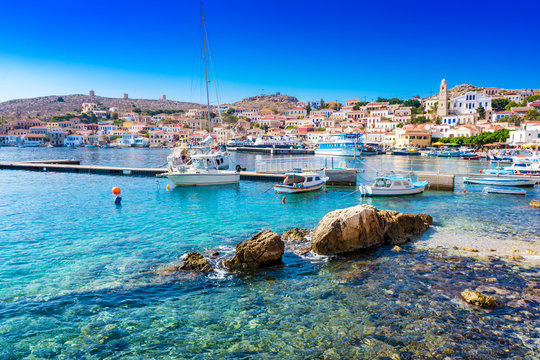 Boats in port of town Emporio (Nimborio)  - capital of island of Halki (GREECE)