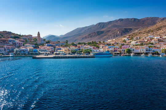 View of port of town Emporio (Nimborio)  - capital of island of Halki (GREECE)