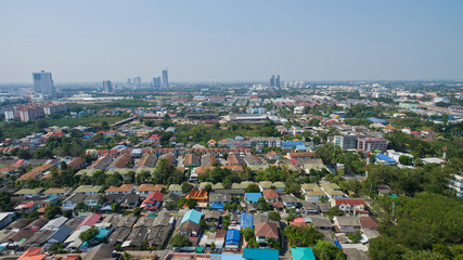 Obraz premium Aerial city view from flying drone at Nonthaburi, Thailand. top view of the city