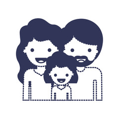 half body people with woman and girl with wavy hair and man with beard in dark blue silhouette and dotted contour vector illustration
