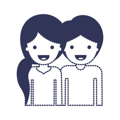 half body people with woman with pigtail hairstyle and man with short hair in dark blue silhouette and dotted contour vector illustration