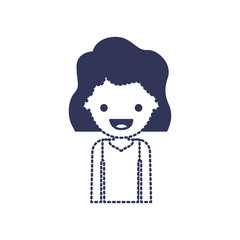 half body people with girl in t-shirt long sleeve and short wavy hair in dark blue silhouette and dotted contour vector illustration