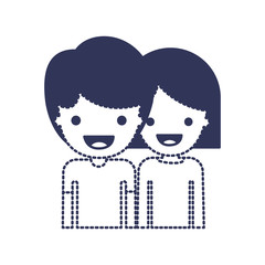 half body people with boy in t-shirt and short hair and girl in t-shirt long sleeve and short hair in dark blue silhouette and dotted contour vector illustration
