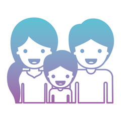 Obraz na płótnie Canvas half body people with woman with pigtail hairstyle and man and boy both with short hair in degraded blue to purple color silhouette vector illustration