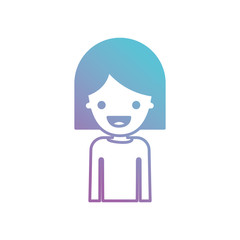 half body people with girl in t-shirt long sleeve and short hair in degraded blue to purple color silhouette vector illustration
