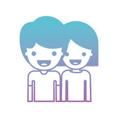 Obraz na płótnie Canvas half body people with boy in t-shirt and short hair and girl in t-shirt long sleeve and short hair in degraded blue to purple color silhouette vector illustration