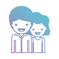 Obraz na płótnie Canvas half body people with boy in shirt long sleeve and short hair and girl in t-shirt sleeveless and short wavy hair in degraded blue to purple color silhouette vector illustration