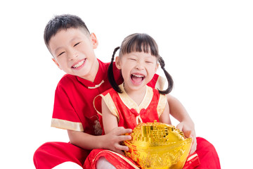 Happy Chinese siblings smiling over white background