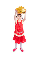 Little asian girl smiling while holding money bank isolated over white background