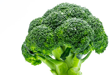 Macro shot detail of Green broccoli (Brassica oleracea). Vegetables natural source of betacarotene, vitamin c, vitamin k, fiber food, folate. Fresh broccoli cabbage isolated on white background.