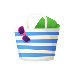 Beach bag with towel and glasses on it. Illustration of cartoon beach accessory. Isolated icon