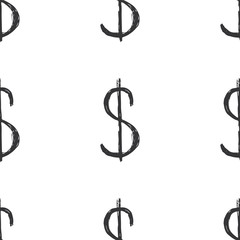 Dollar sign icon brush lettering seamless pattern, Grunge calligraphic symbols background, vector illustration