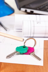 Home keys, electrical diagrams and accessories for use in engineer jobs, building home concept