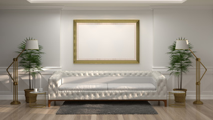 mock up golden frame and white sofa in room,golden lamp,in front of white wall on wooden floor 3d rendering luxury living room vintage style  background room interior home design