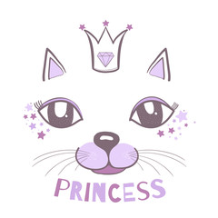 Vector Illustration of a cat, muzzle, mustache, ears, crown, eyes