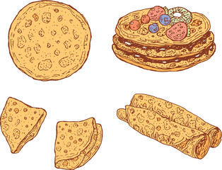 Pancakes set. Collection of doodle cartoon isolated elements. Sh