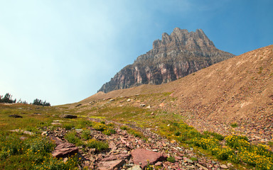 Clement Mountain as seen from Hidden Lake trail on Logan Pass in Glacier National Park during the 2017 fall fires in Montana United States