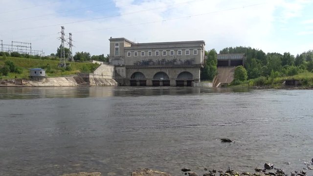 View on the Narva power plant, cloud day in august. Ivangorod, Russia
