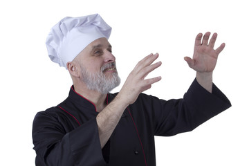 Bearded chef with arms raised