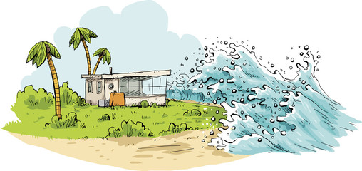 Cartoon of a relaxing tropical vacation destination being swamped by huge tsunami waves coming over a beach. 