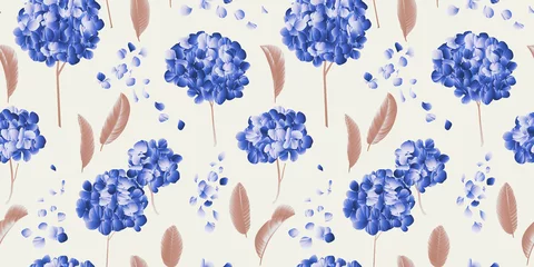 Muurstickers Seamless pattern, blue hydrangea flower with brown guava leaves on light grey background © momosama
