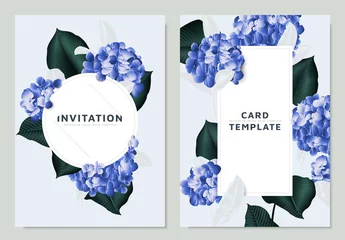 Muurstickers Blue hydrangea and Philodendron silk leaves, white guava leaves with circle and rectangle frame on light blue background, invitation card template design © momosama