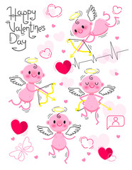 PrintSet Wedding and Valentines Day design elements. Little cute cupids isolated on white background. Vector illustration.