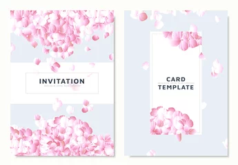 Foto op Aluminium Pink hydrangea, petals dropping on blue background, invitation card template design © momosama