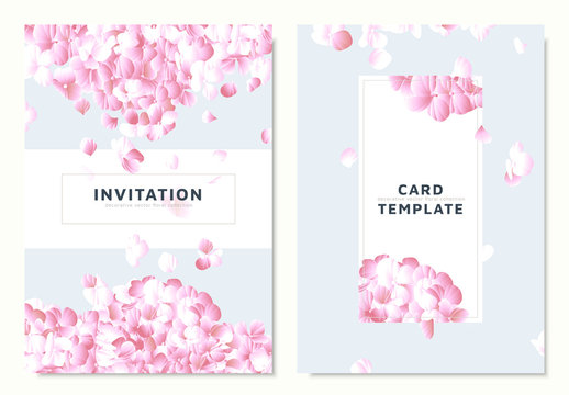 Pink hydrangea, petals dropping on blue background, invitation card template design