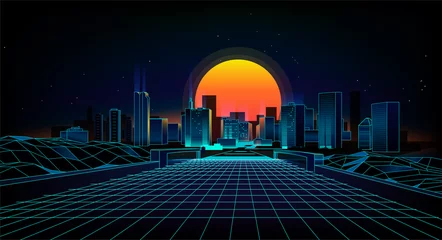 Foto op Plexiglas Retro achtergrond landschap jaren 1980 stijl. Retro 80s Sci-Fi achtergrond stad Landscape.Futuristic achtergrond retro Golf. © desole