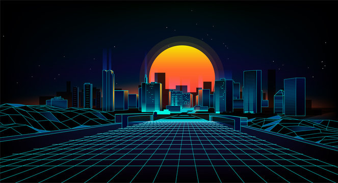 Retro background  landscape 1980s style.  Retro 80s Sci-Fi background city Landscape.Futuristic background retro wave.