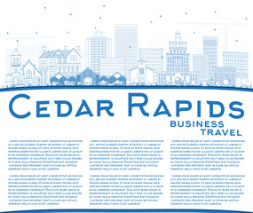 Outline Cedar Rapids Iowa City Skyline with Blue Buildings and Copy Space.