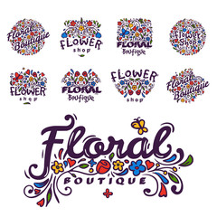 Bright badge for flower shop decorative hand drawn frame template for floral business nature banner vector illustration.