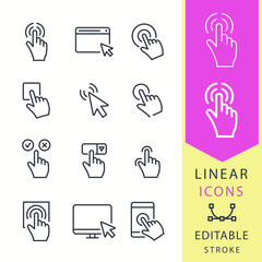 Click - line vector icon set. Editable stroke.