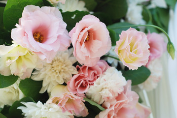 Bouquet of Fresh Summer Eustoma Flower Arrangement or Composition, Close Up. Greeting Floral Spring Background.