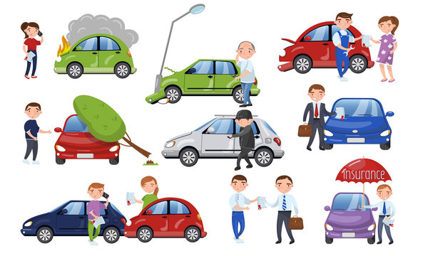 Car Crash And Accident Set, Car Insurance Cartoon Vector Illustration