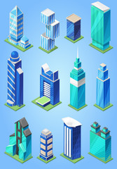 Obraz premium Building skyscraper in cityscape vector city skyline and business officebuilding of commercial company and build architecture to high sky set illustration isolated on background