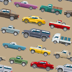 Pickup car vector seamless pattern auto delivery transport pick up offroad automobile vehicle or truck and mockup citycar background illustration backdrop